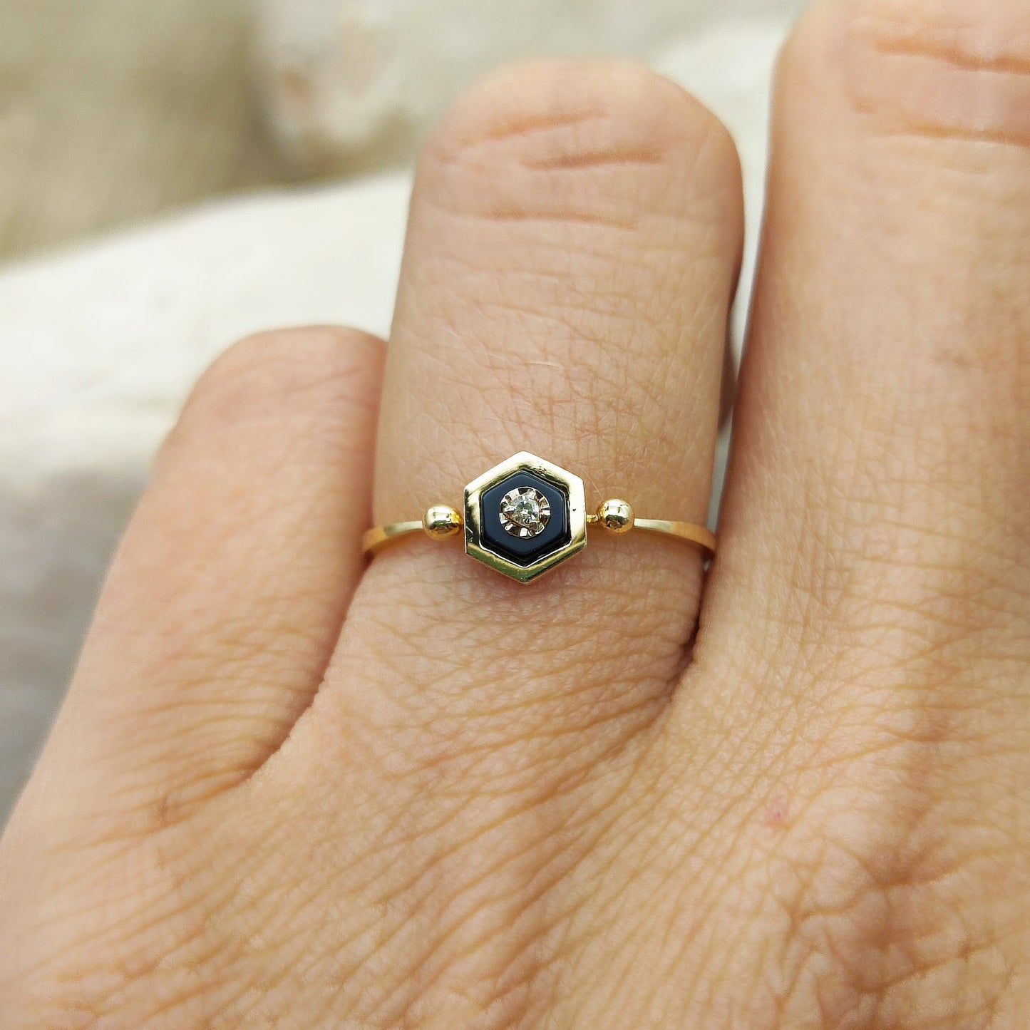 Hexagon Onyx and Diamond in 18K gold
