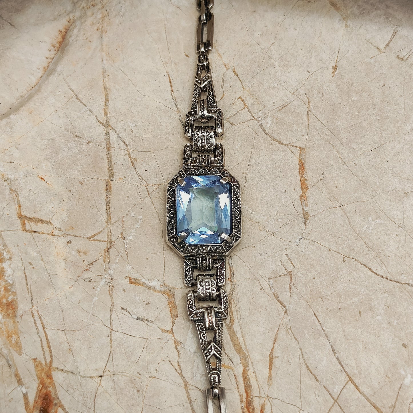 Silver Art Deco Bracelet with Blue Glass