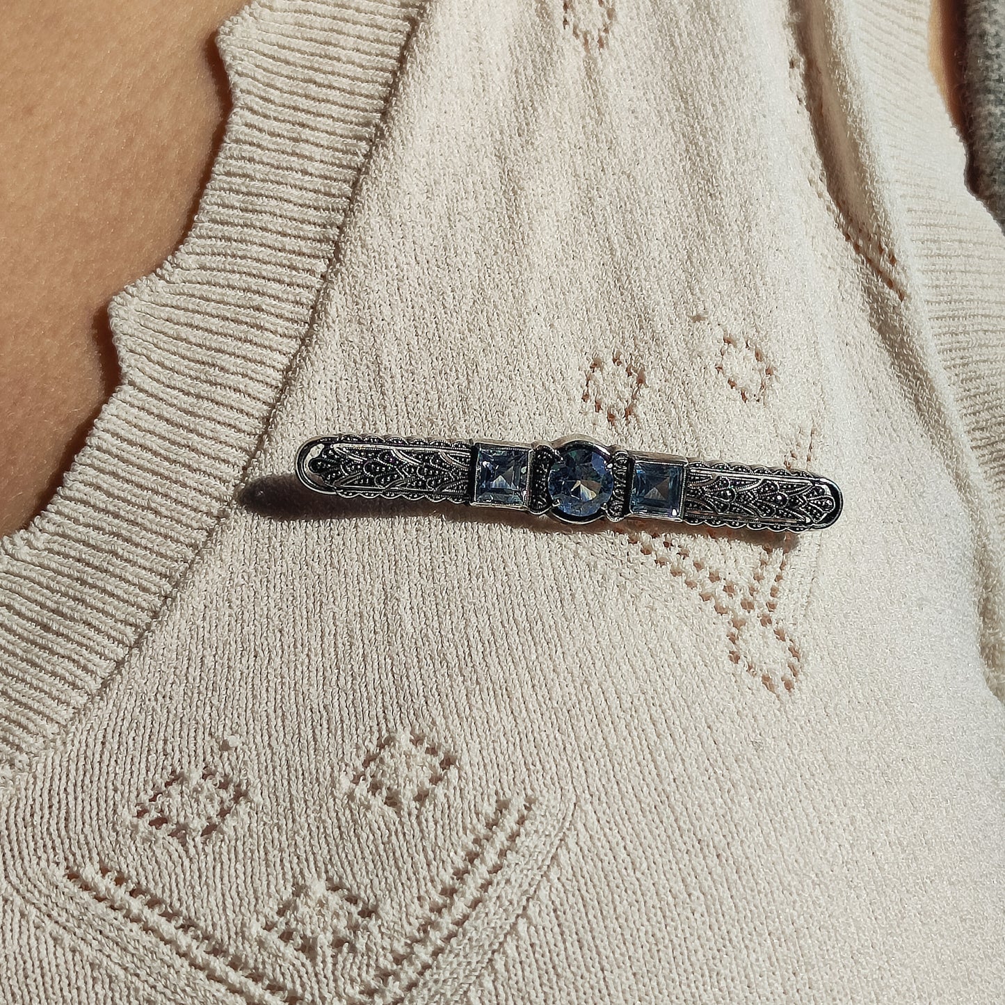 Art Deco Brooch with 3 Blue Spinel wearing