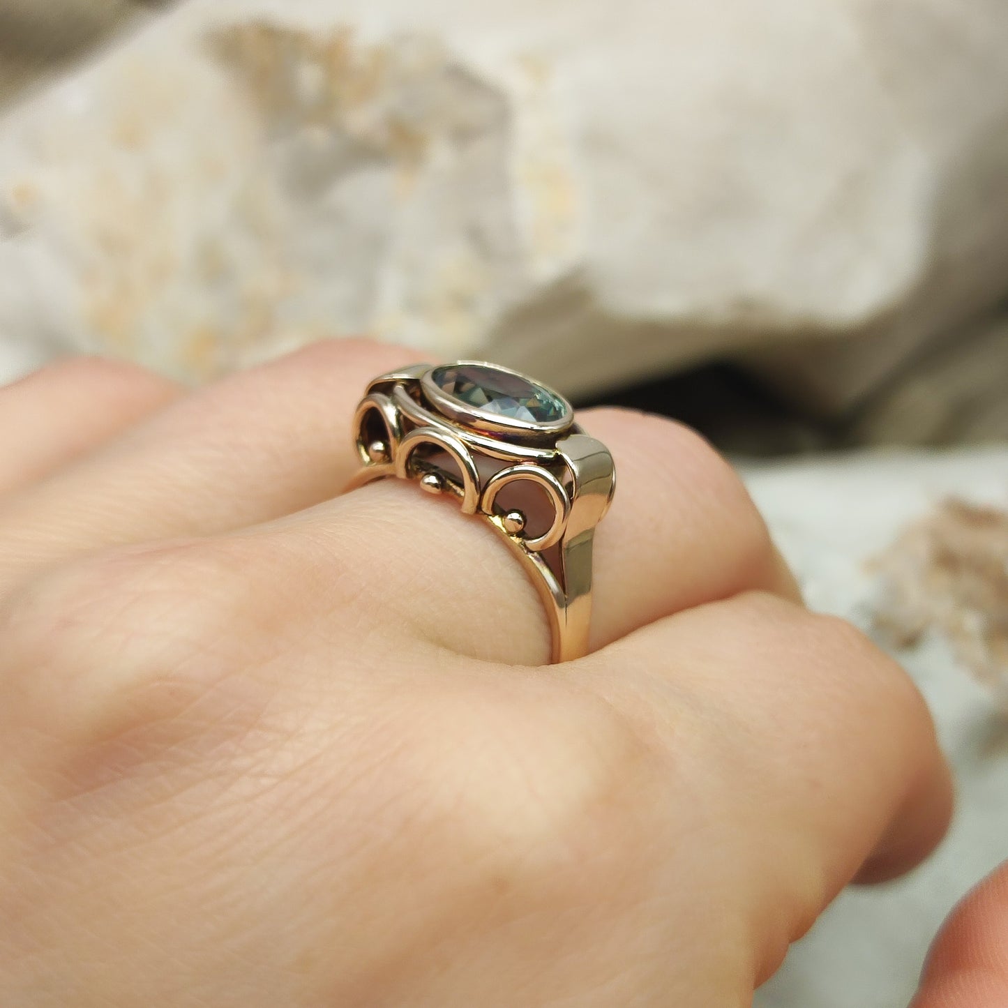Vintage ring with light green Spinel in 8K gold