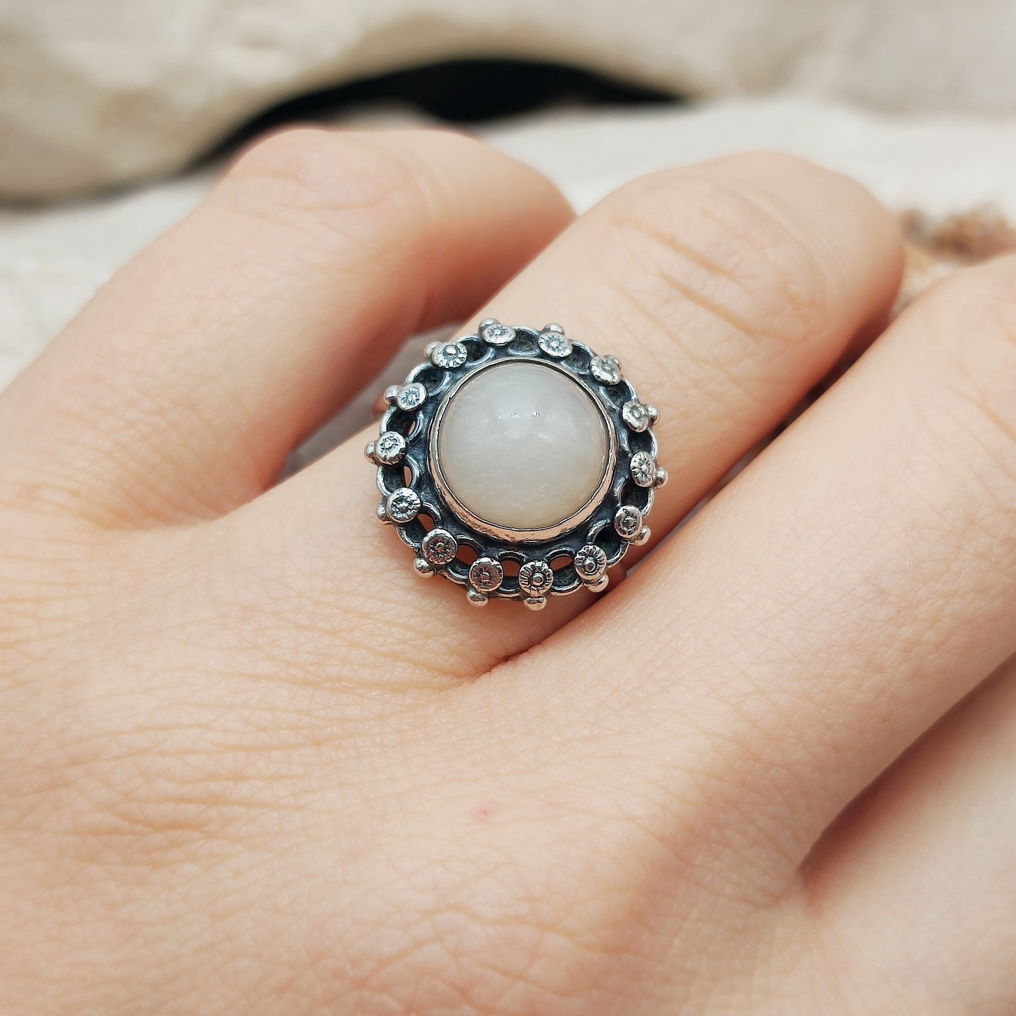 Vintage Interbellum White Quartz Silver Ring