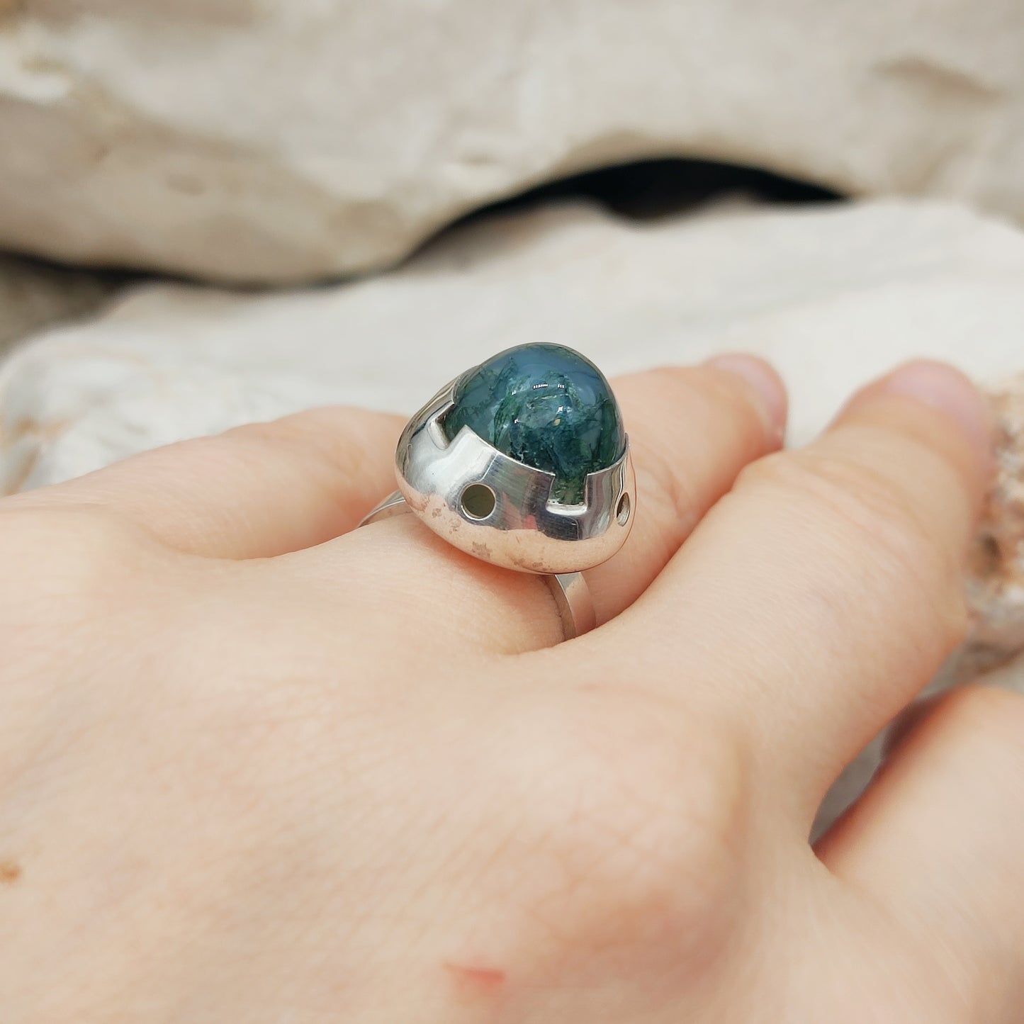 Vintage Green Moss Agate Dome Silver Ring, Finland 1969-1972