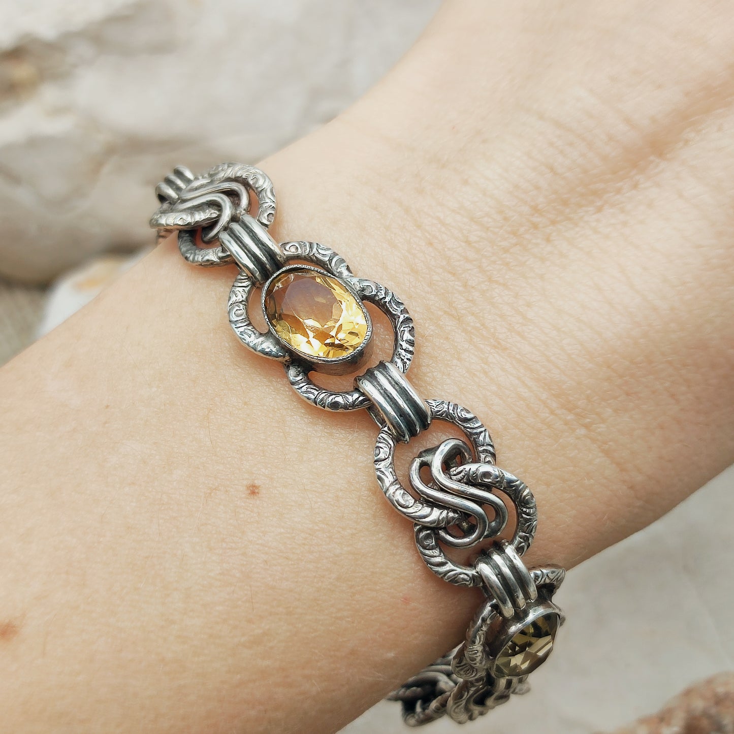 Art Deco Silver Bracelet with Three Citrines