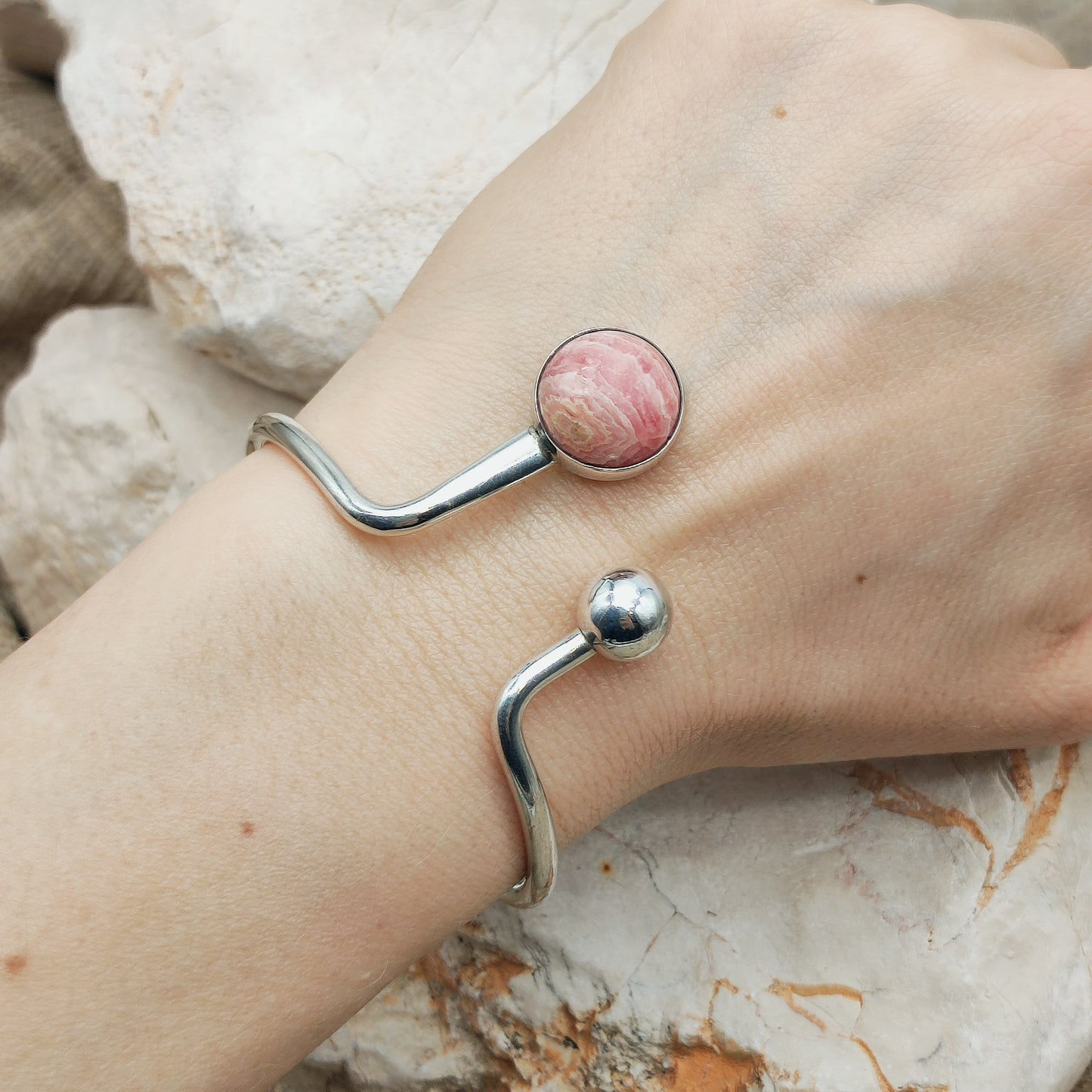 Vintage modernist bracelet by Niels Erik From with Rhodochrosite