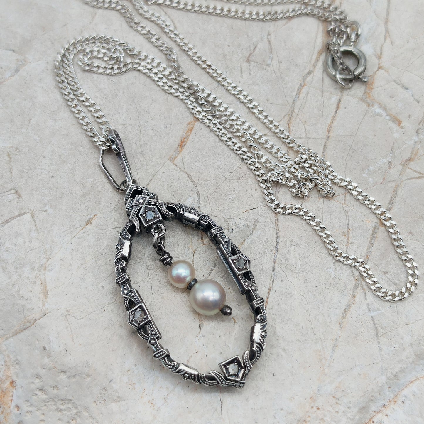 Silver Art Deco Pendant with Rose cut Diamonds and Pearls
