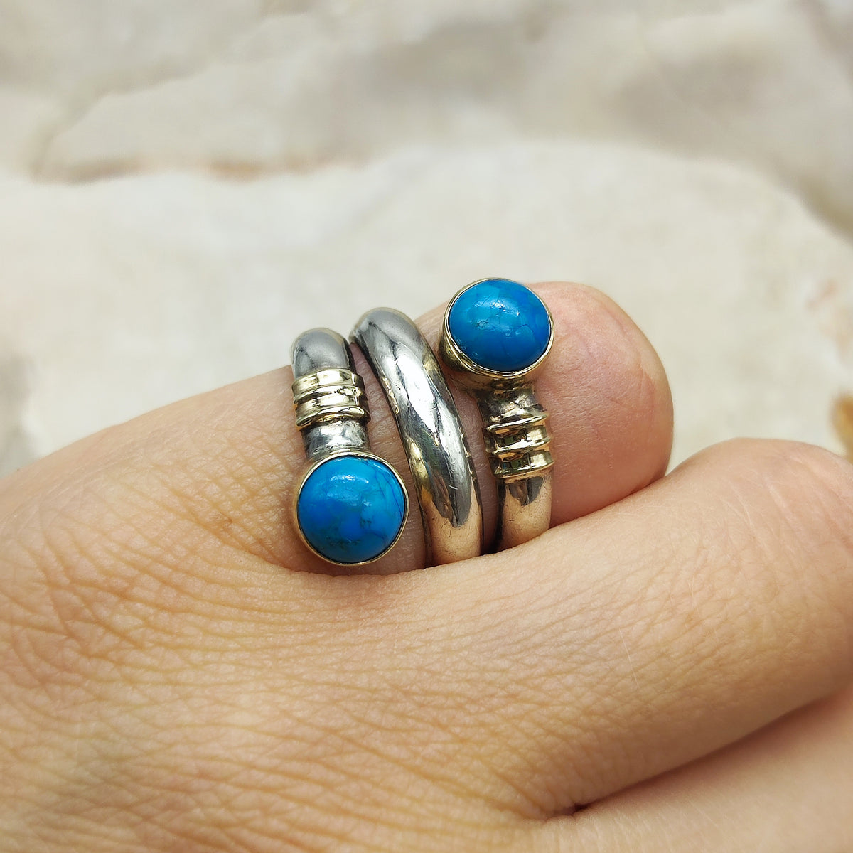 Vintage Silver & 14K Gold Double Turquoise Statement Ring