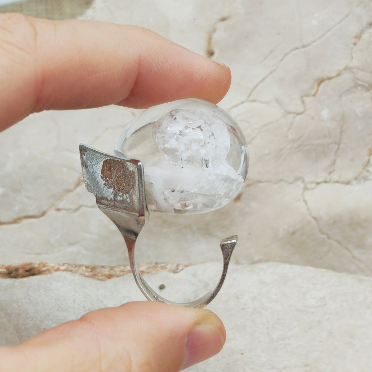 Vintage Petrified Lake Silver & Acrylic Ring by Björn Weckström for Lapponia 1971