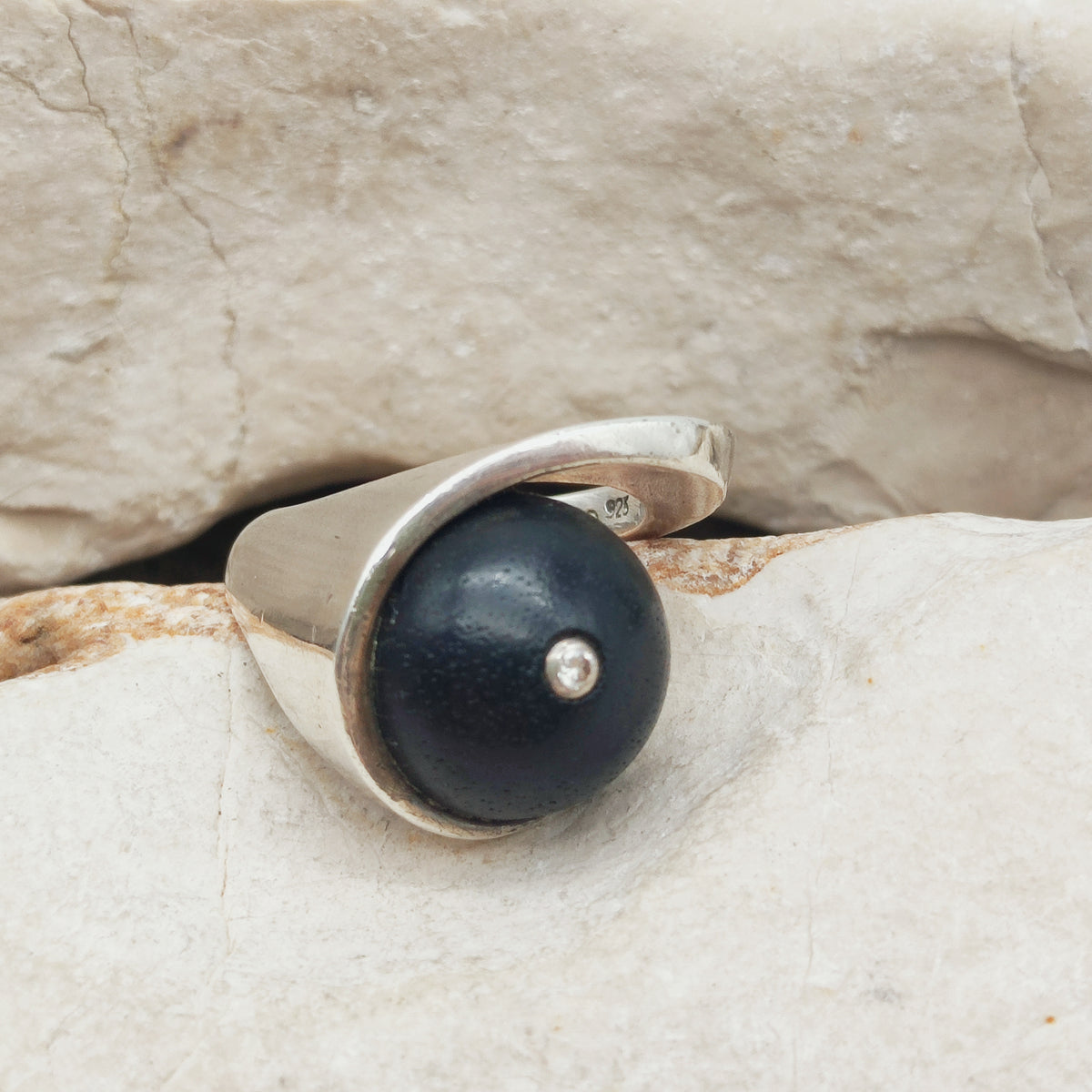 Modernist Sterling Silver Ring with Dark Wood and Diamond