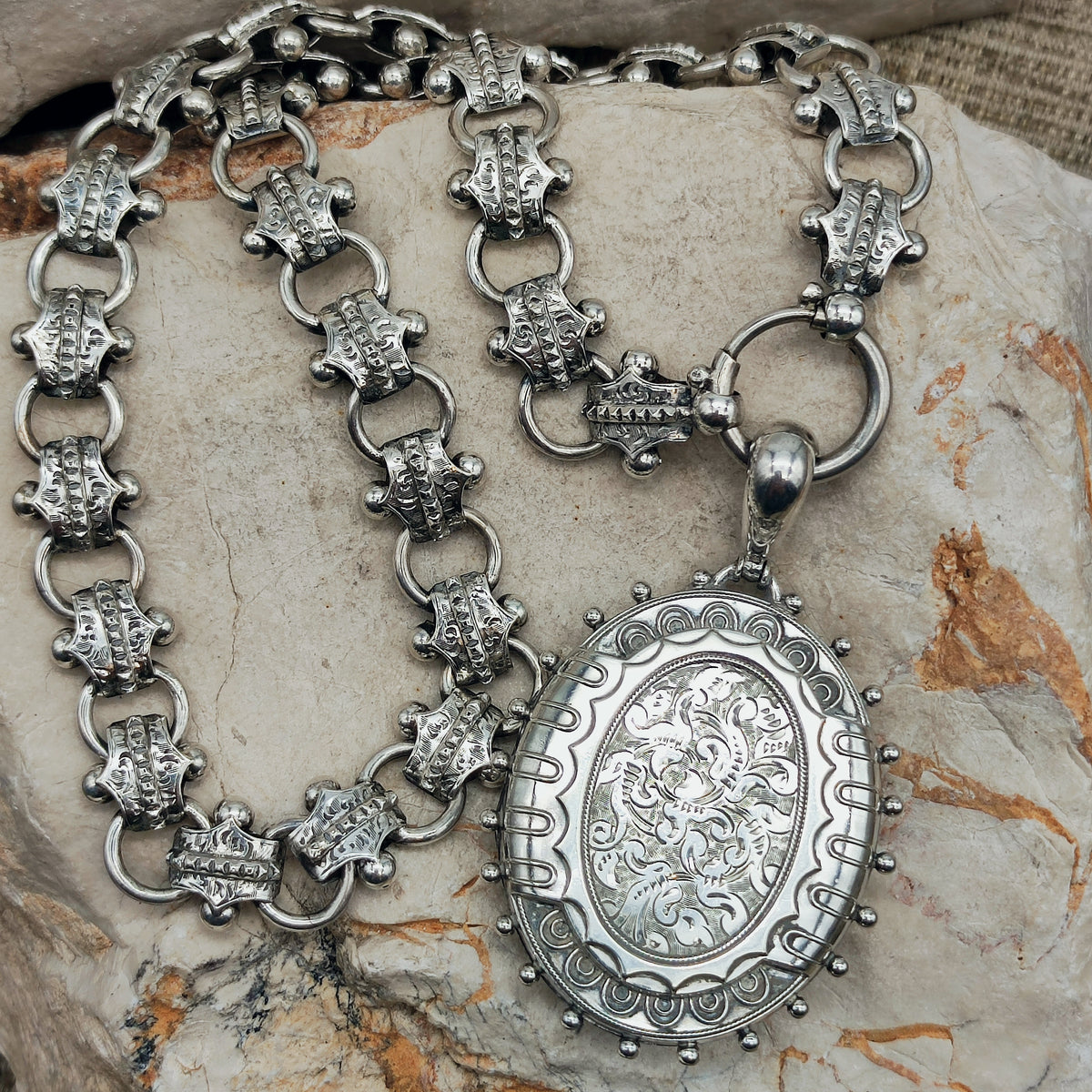 Antique Victorian Silver Book Chain and Presentation Locket, Dated 1882