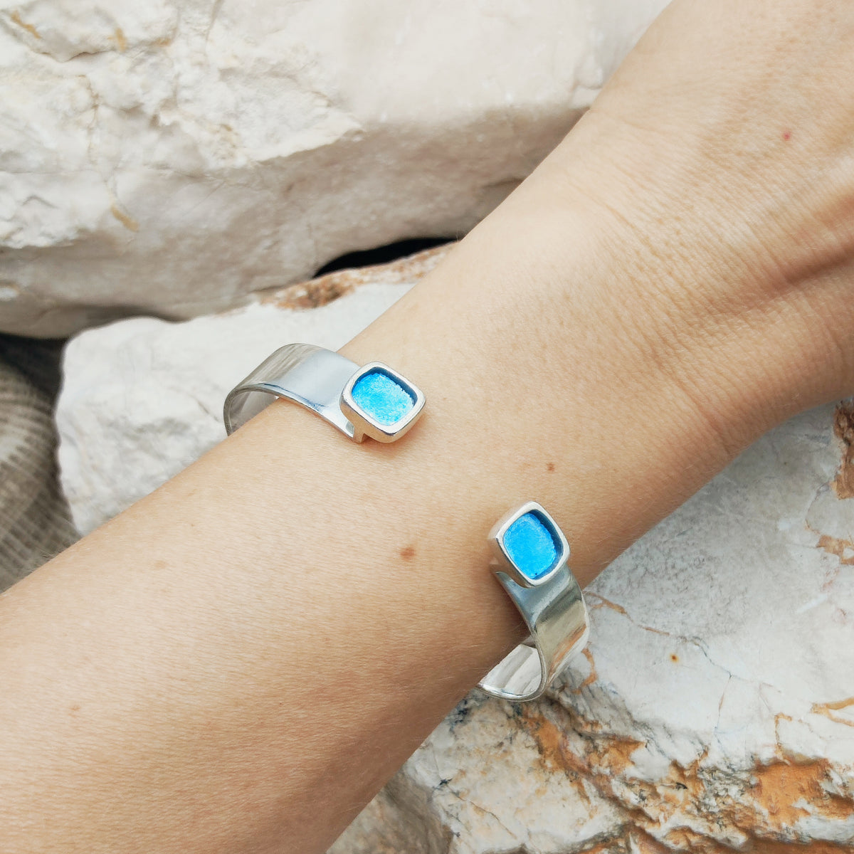 Vintage Mies De Wilde Sterling Silver & Blue Enamel Cuff Bracelet