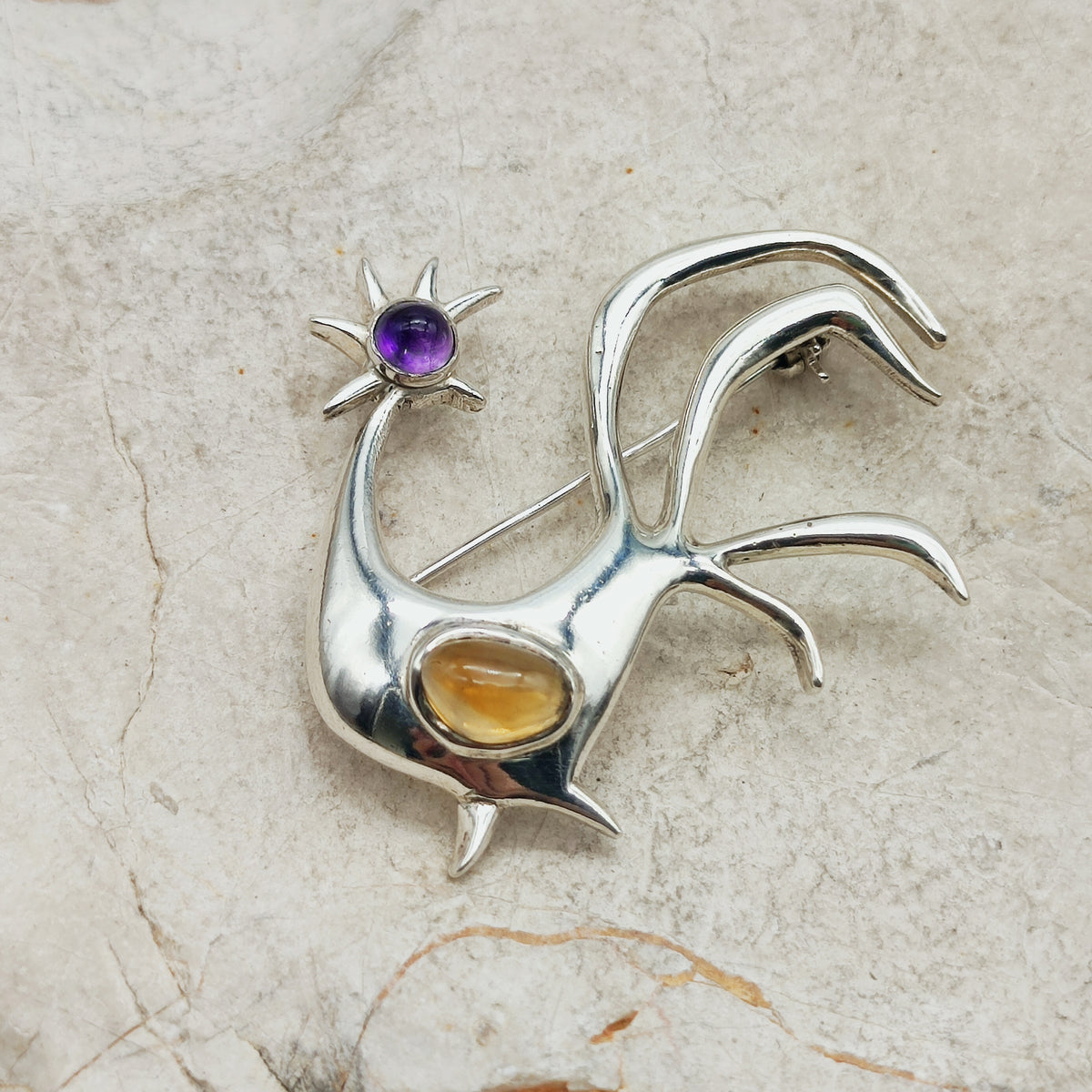 Vintage Mies De Wilde Sterling Silver Rooster Brooch with Amethyst and Citrine