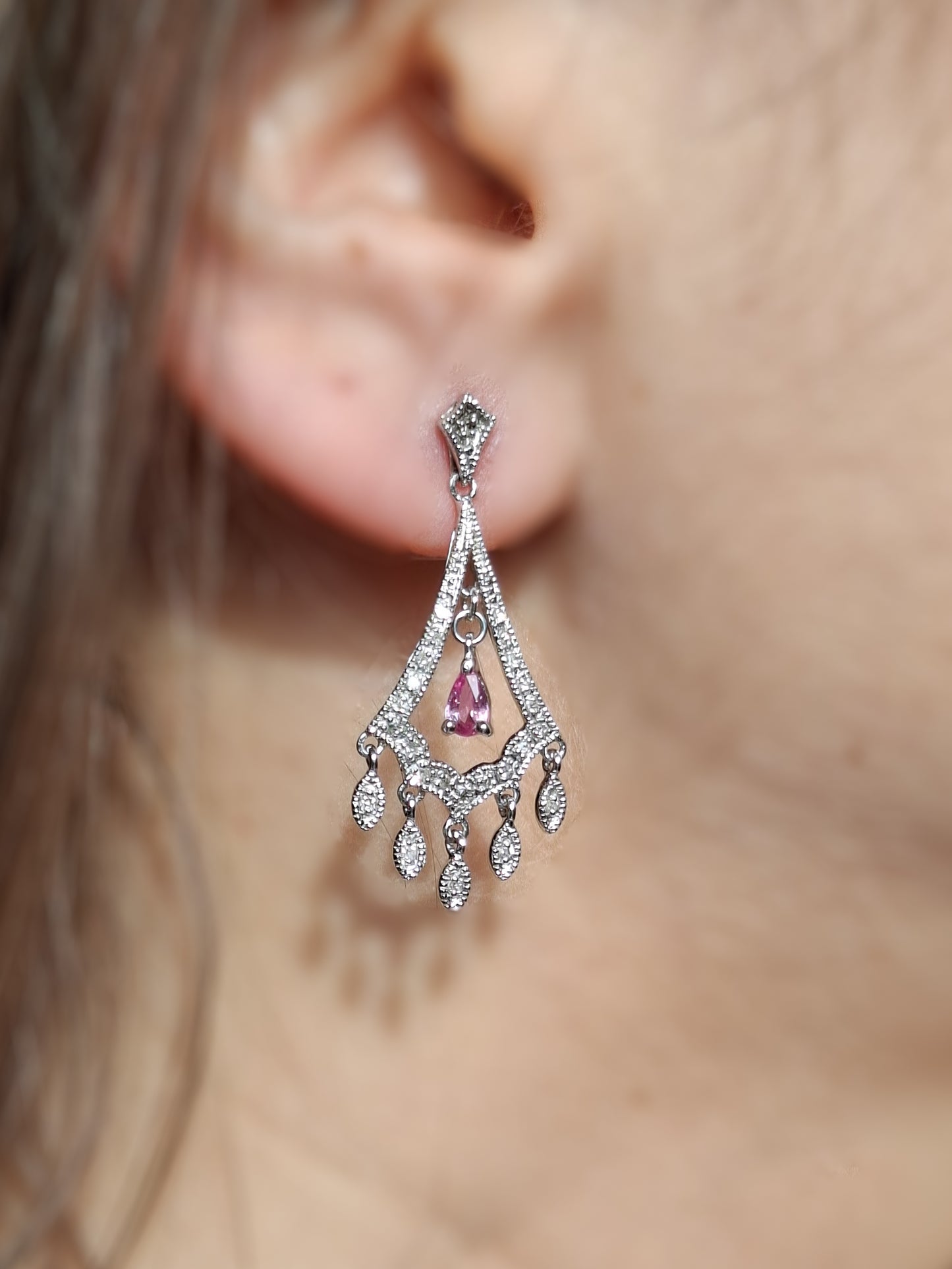 9ct White Gold Diamond and Pink Sapphire Chandelier Earrings