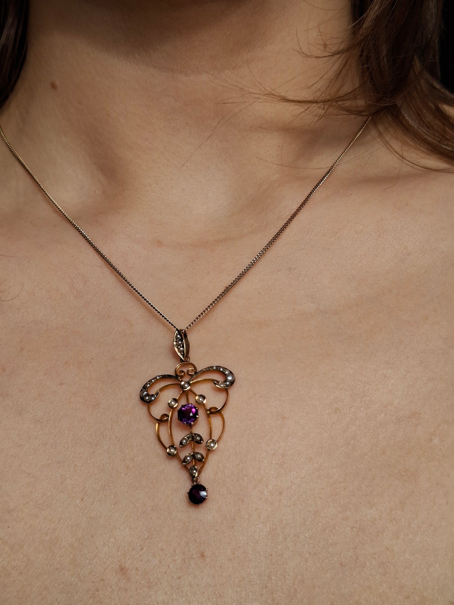 Edwardian Lavaliere Pendant with Amethysts and Seed Pearls in 9ct Gold