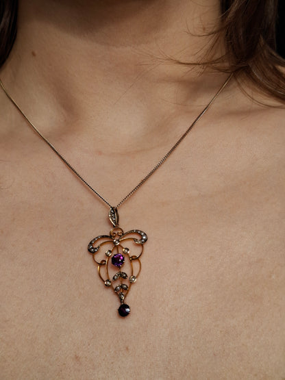 Edwardian Lavaliere Pendant with Amethysts and Seed Pearls in 9ct Gold