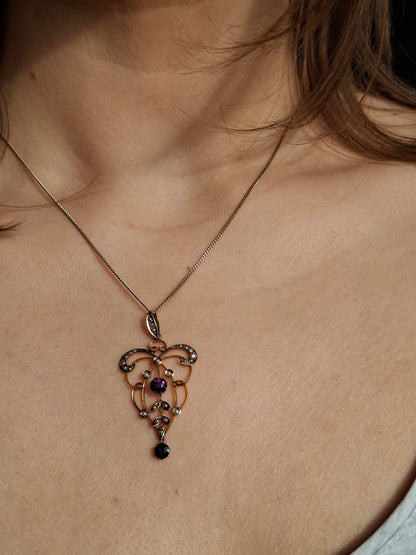 Edwardian Lavaliere Pendant with Amethysts and Seed Pearls in 9ct Gold