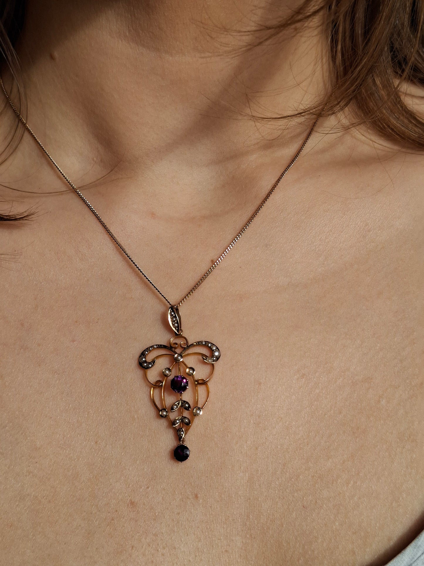 Edwardian Lavaliere Pendant with Amethysts and Seed Pearls in 9ct Gold