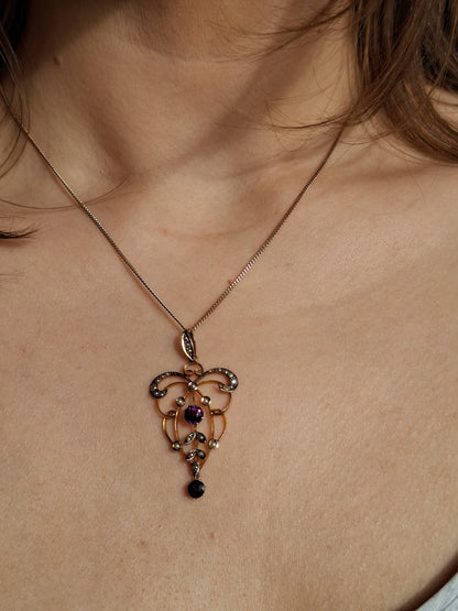 Edwardian Lavaliere Pendant with Amethysts and Seed Pearls in 9ct Gold