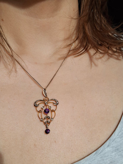 Edwardian Lavaliere Pendant with Amethysts and Seed Pearls in 9ct Gold