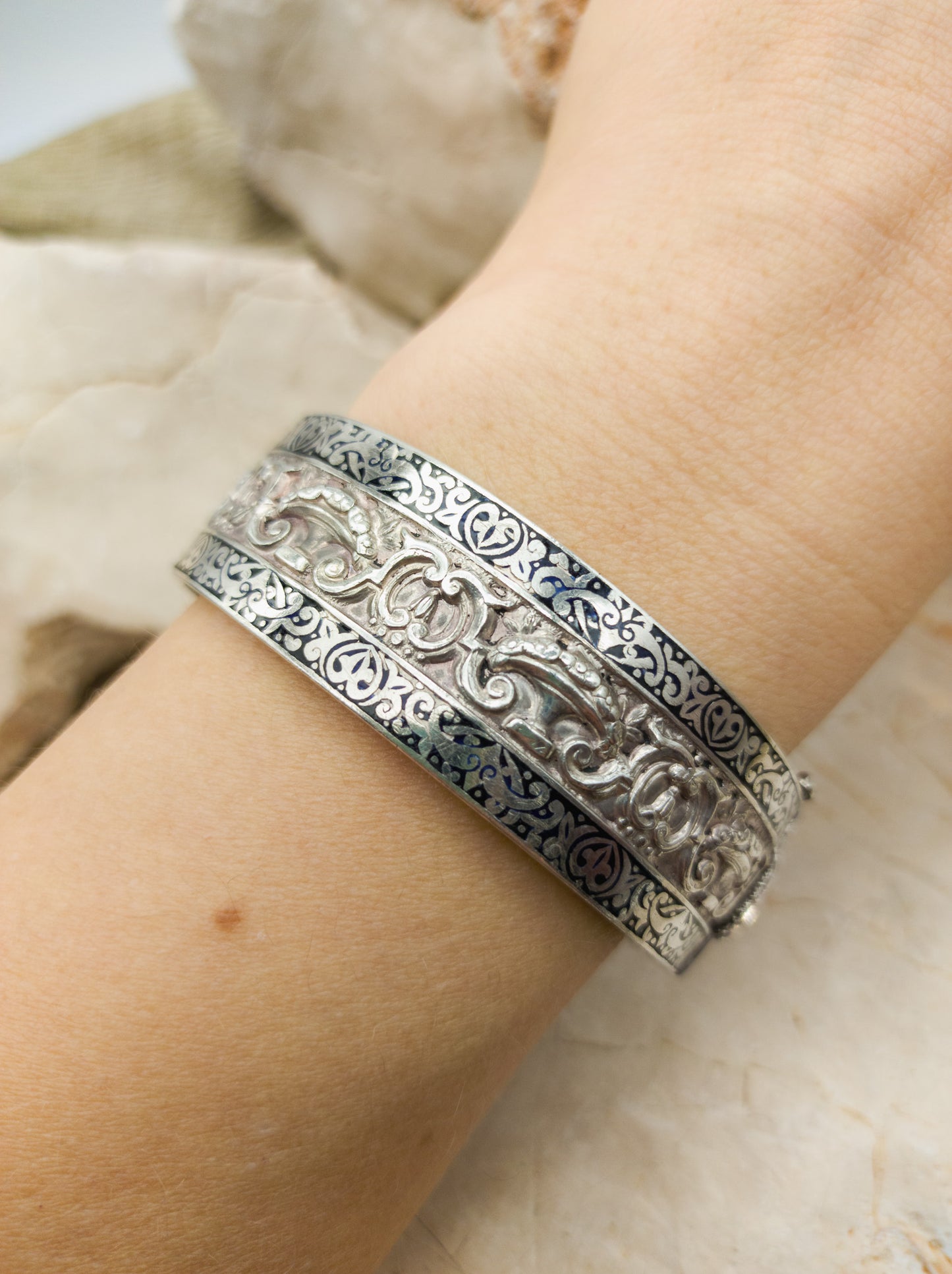 Vintage Repoussé Silver Portugese bracelet with black enamel ca 1940 on arm