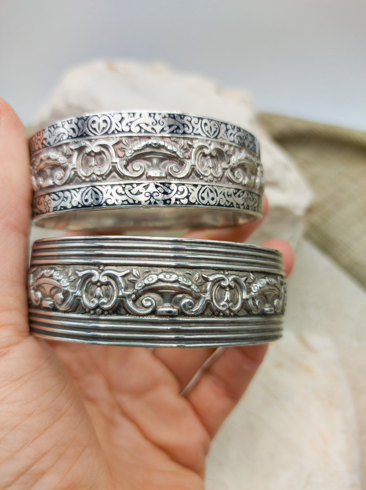 Vintage Repoussé Silver Portugese bracelet with black enamel ca 1940 with another bracelet without enamel