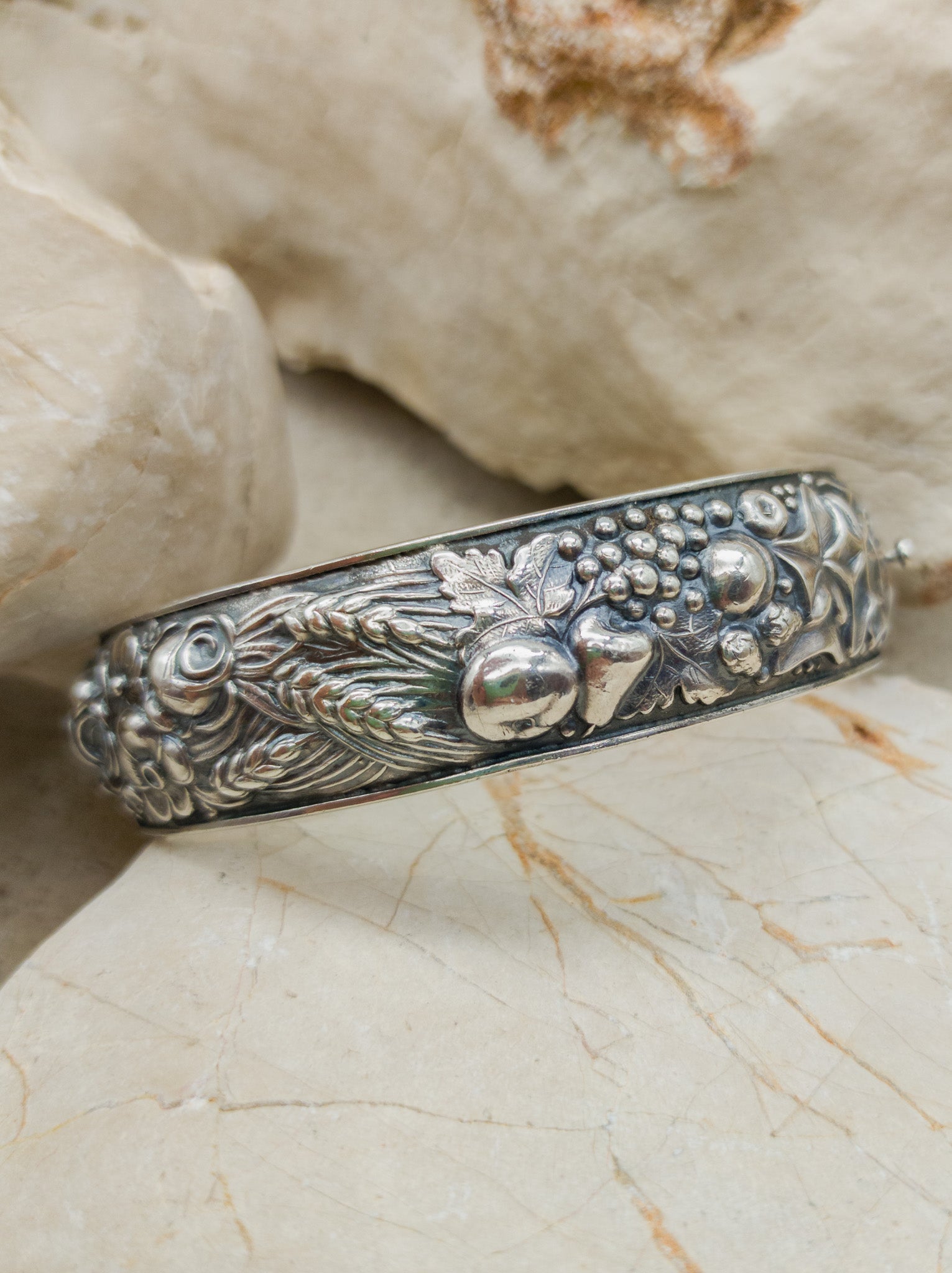 Vintage portugese silver repoussé bracelet with harvest theme