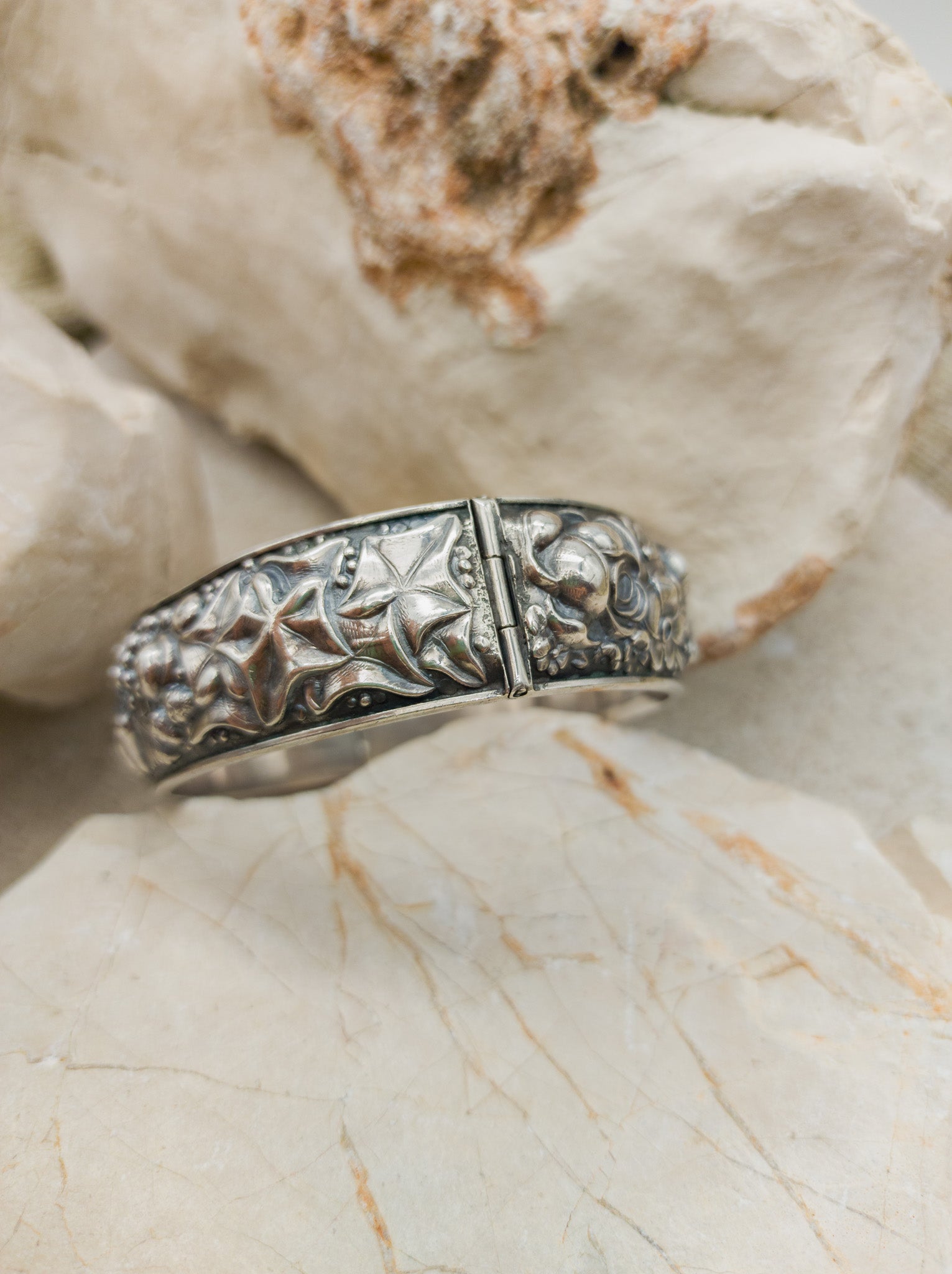 Vintage portugese silver repoussé bracelet with harvest theme, hinge detail