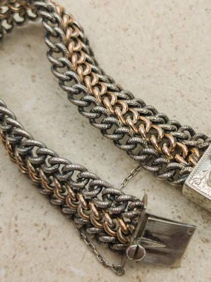 Victorian Silver repoussé chain bracelet with box clasp and rose gold plated details, zoom in above view