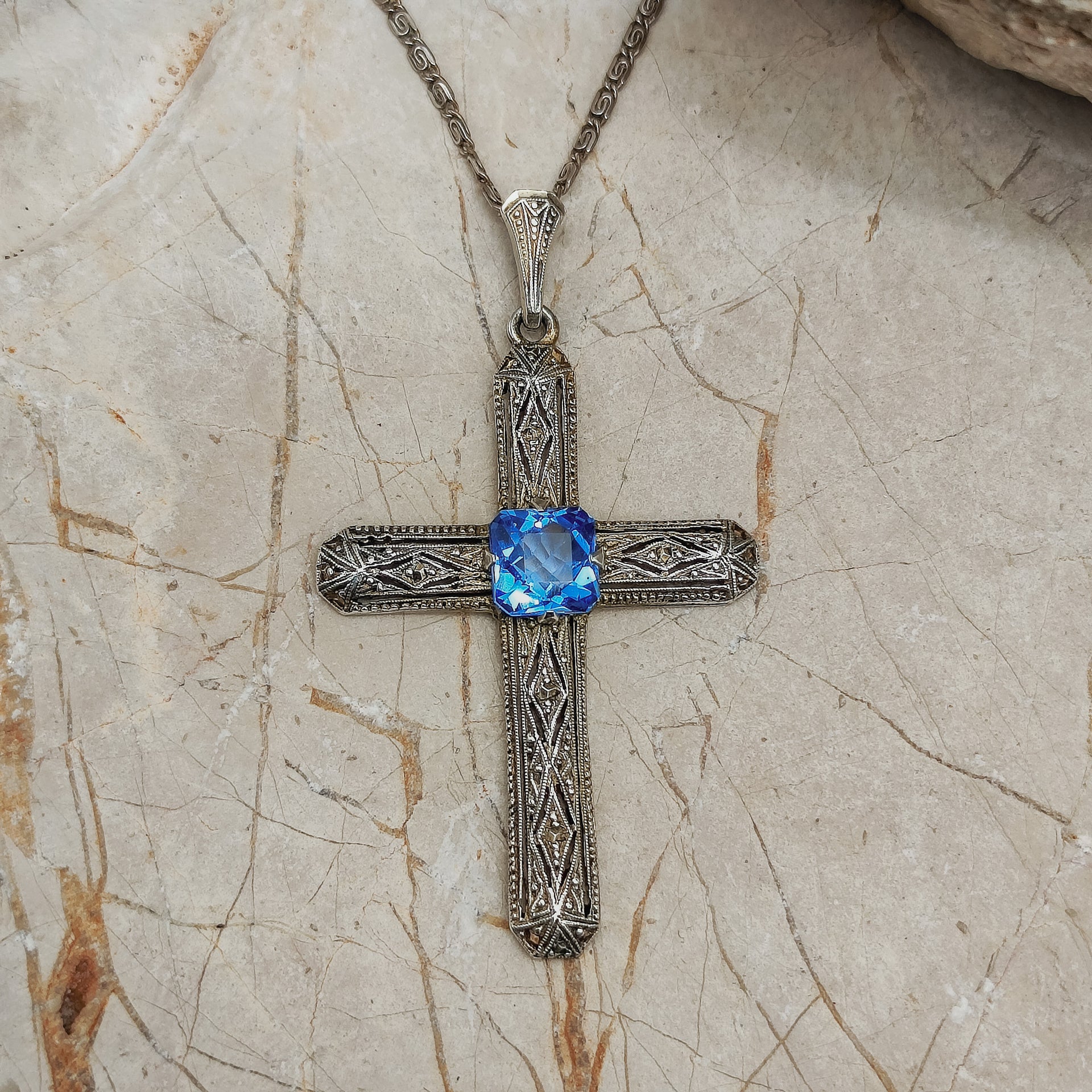 Art Deco Cross Pendant with Blue Spinel