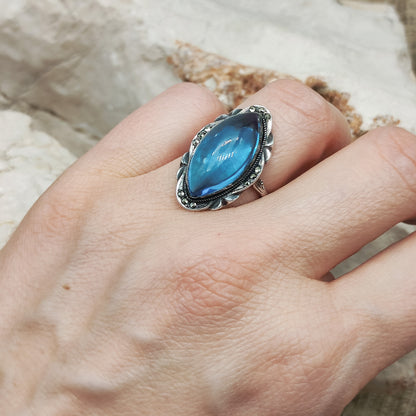 Mid Century Blue Spinel Ring on hand