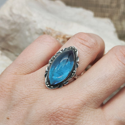 Mid Century Blue Spinel Ring on hand