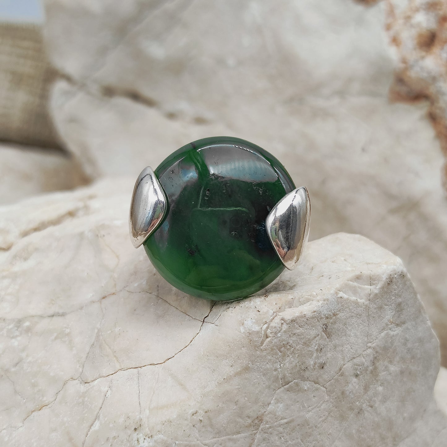 Vintage Silver Ring with Nephrite Jade Disc