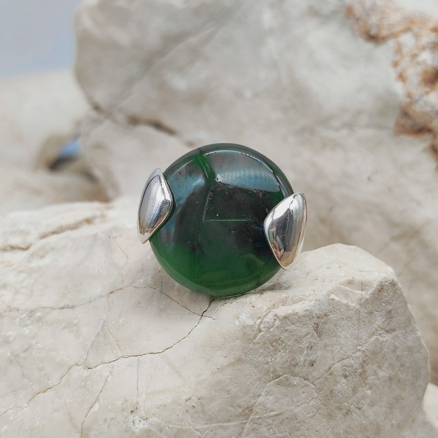 Vintage Silver Ring with Nephrite Jade Disc