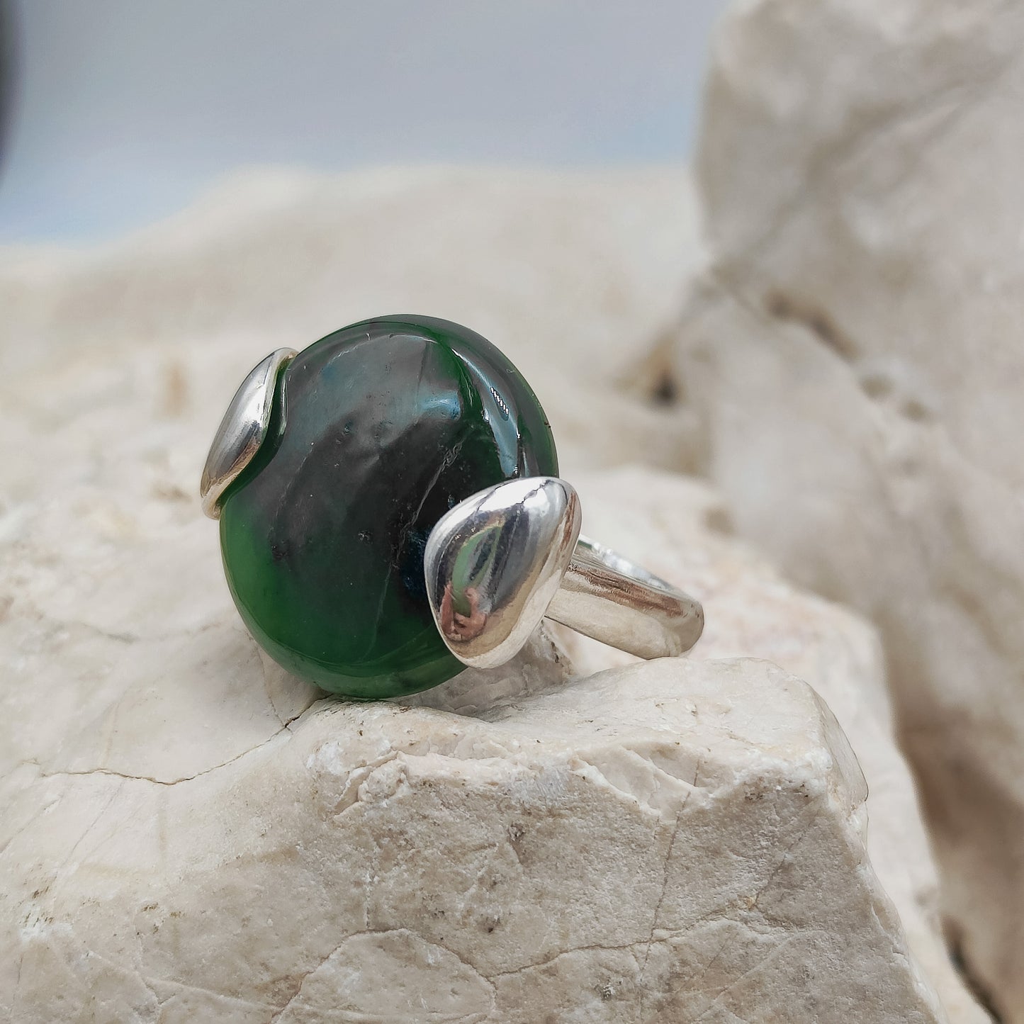 Vintage Silver Ring with Nephrite Jade Disc