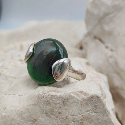 Vintage Silver Ring with Nephrite Jade Disc