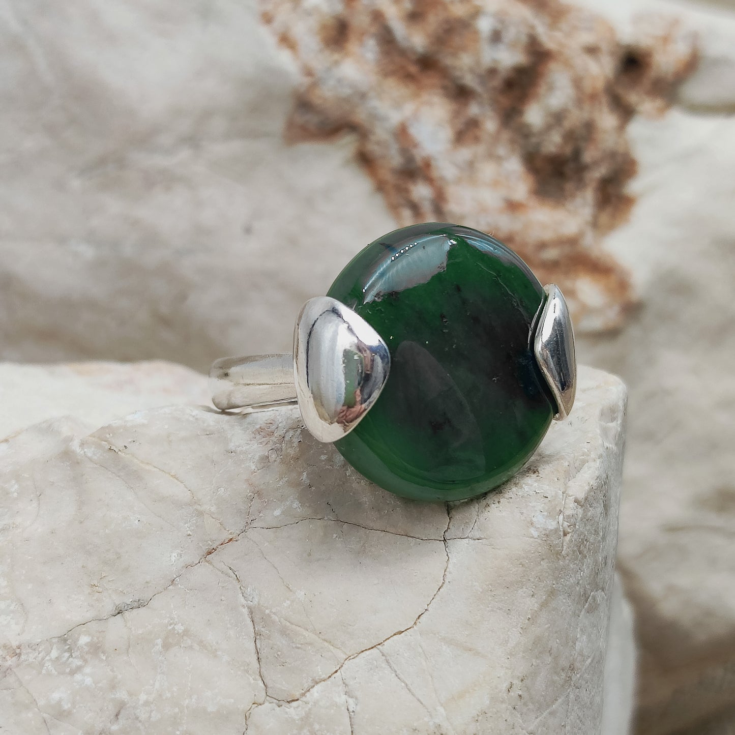 Vintage Silver Ring with Nephrite Jade Disc