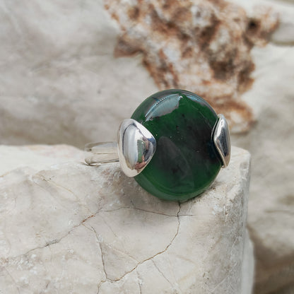 Vintage Silver Ring with Nephrite Jade Disc
