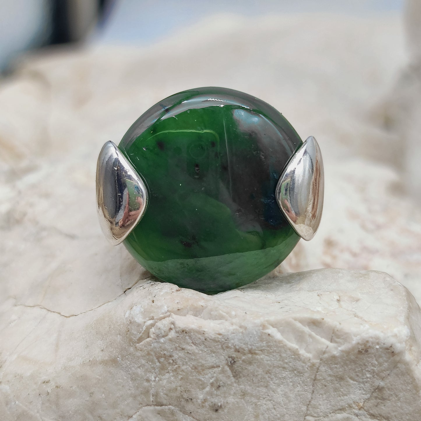 Vintage Silver Ring with Nephrite Jade Disc
