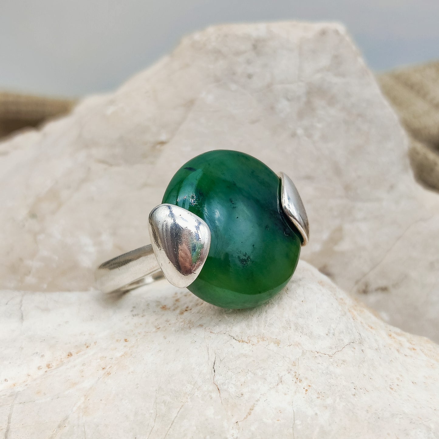 Vintage Silver Ring with Nephrite Jade Disc
