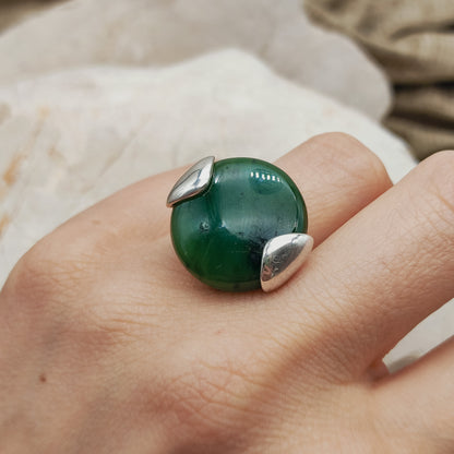 Vintage Silver Ring with Nephrite Jade Disc