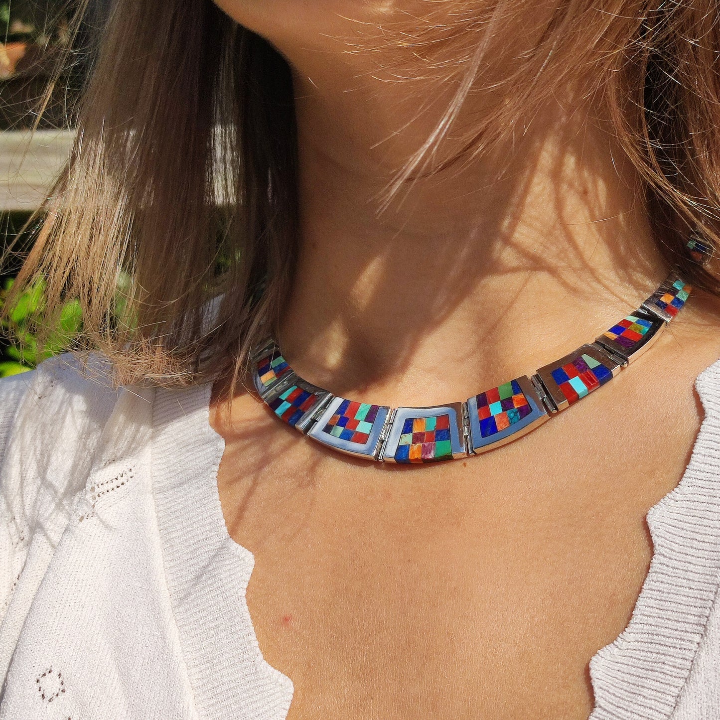 Vintage silver inlay necklace with semi precious stones