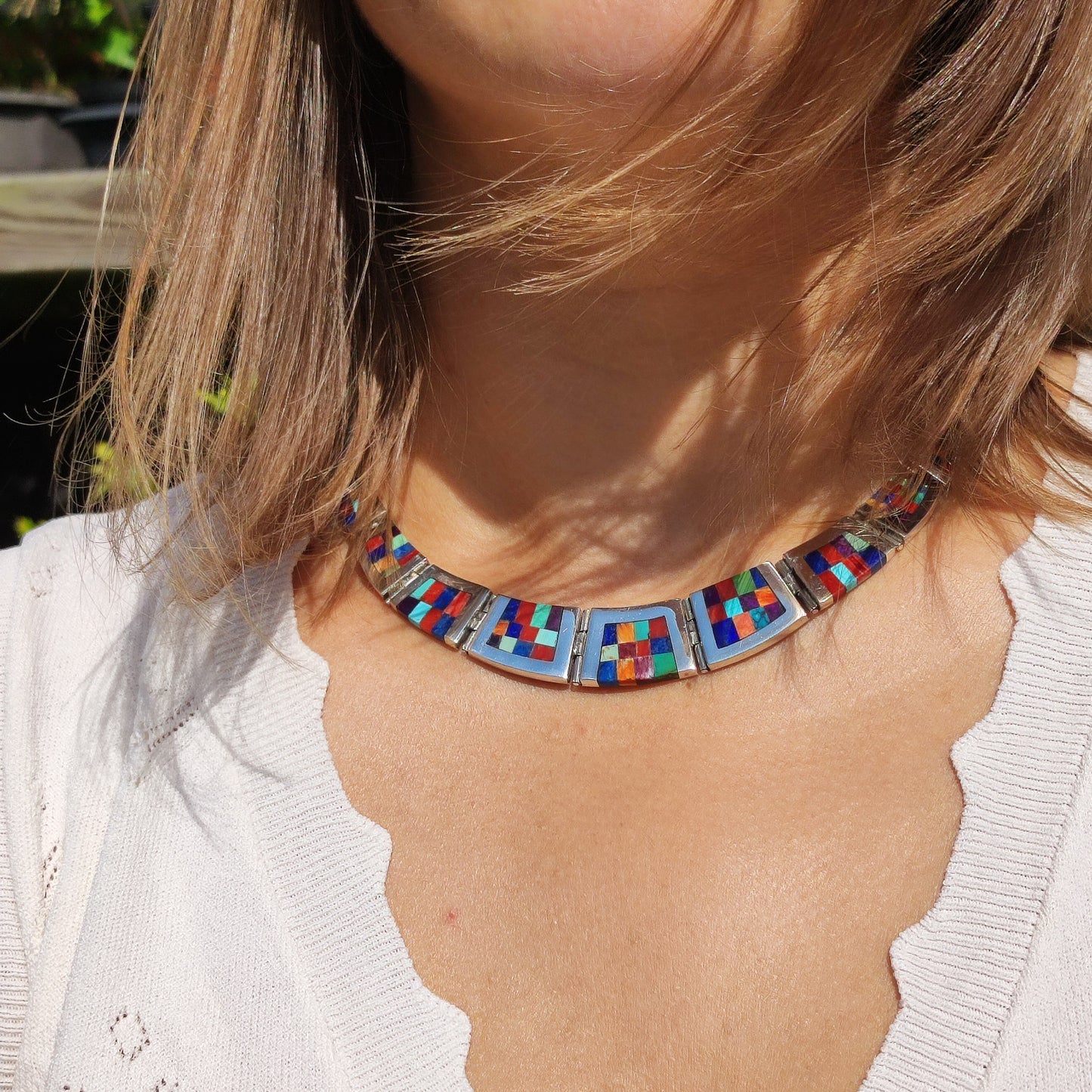 Vintage silver inlay necklace with semi precious stones