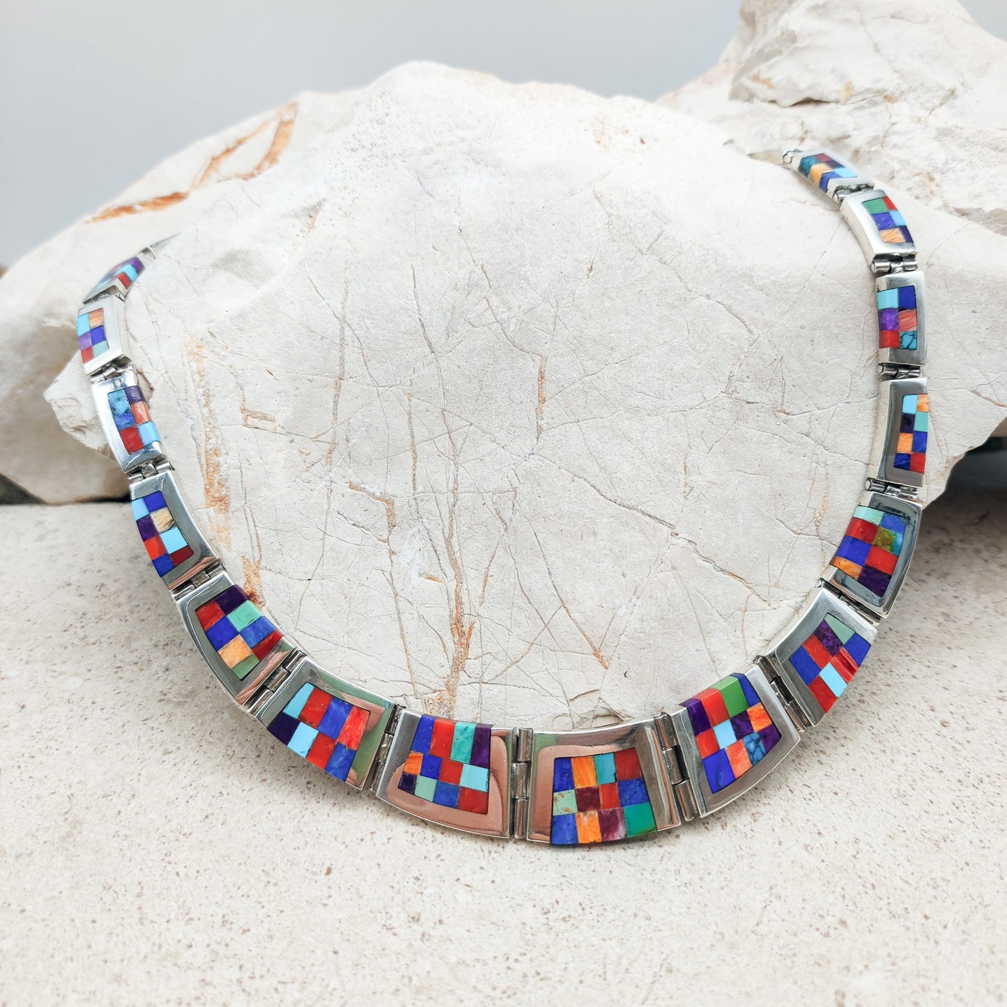 Vintage silver inlay necklace with semi precious stones