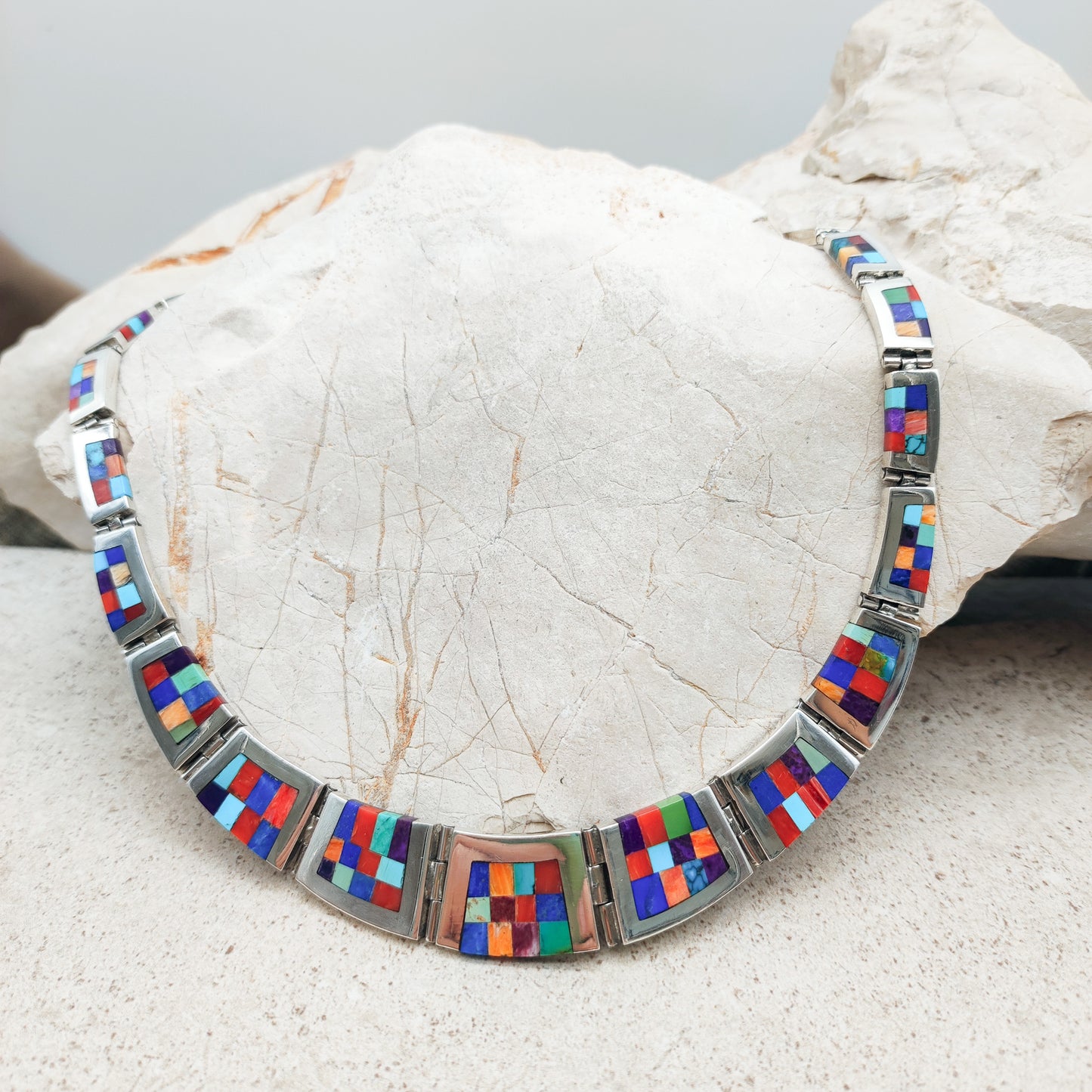 Vintage silver inlay necklace with semi precious stones