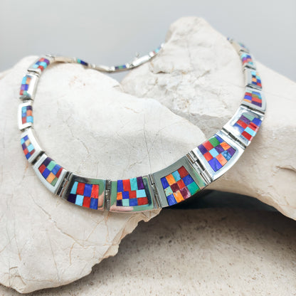 Vintage silver inlay necklace with semi precious stones