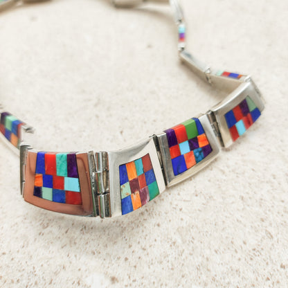 Vintage silver inlay necklace with semi precious stones