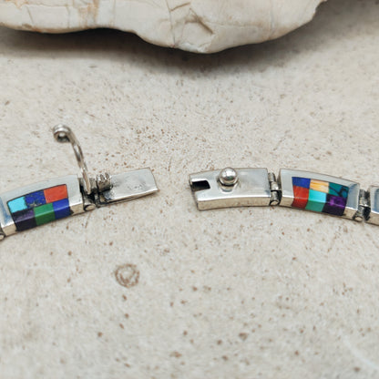 Vintage silver inlay necklace with semi precious stones