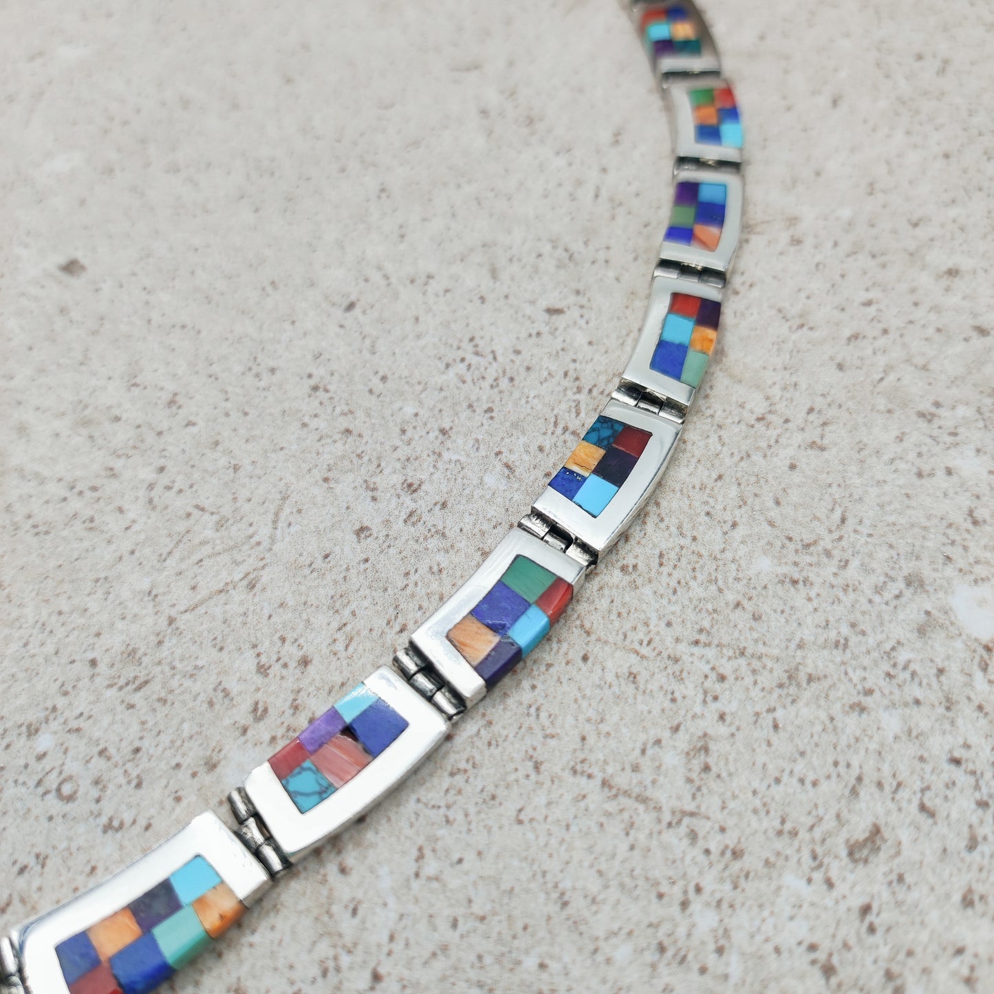 Vintage silver inlay necklace with semi precious stones