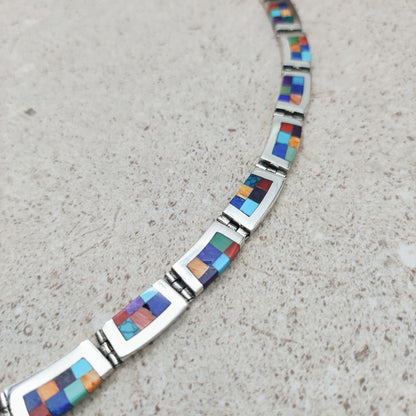 Vintage silver inlay necklace with semi precious stones