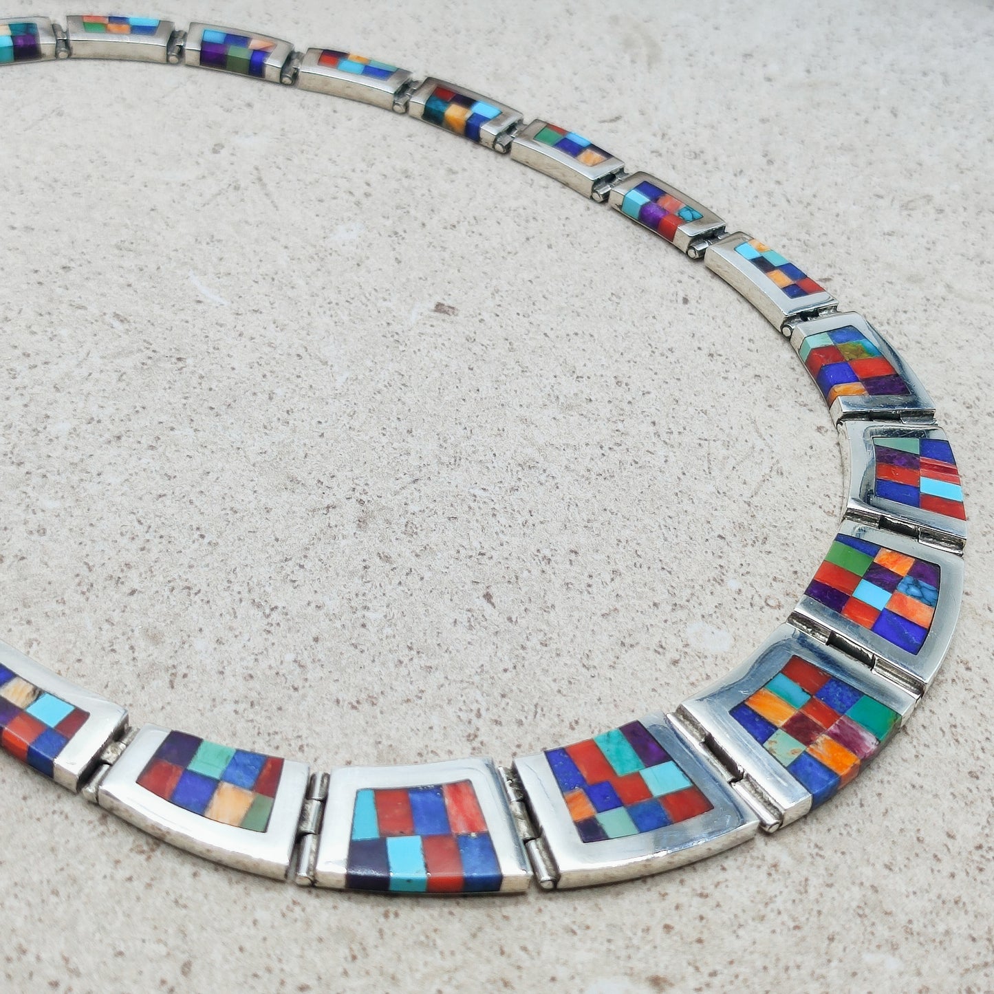 Vintage silver inlay necklace with semi precious stones