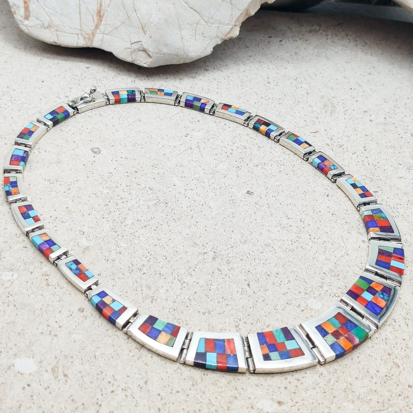 Vintage silver inlay necklace with semi precious stones